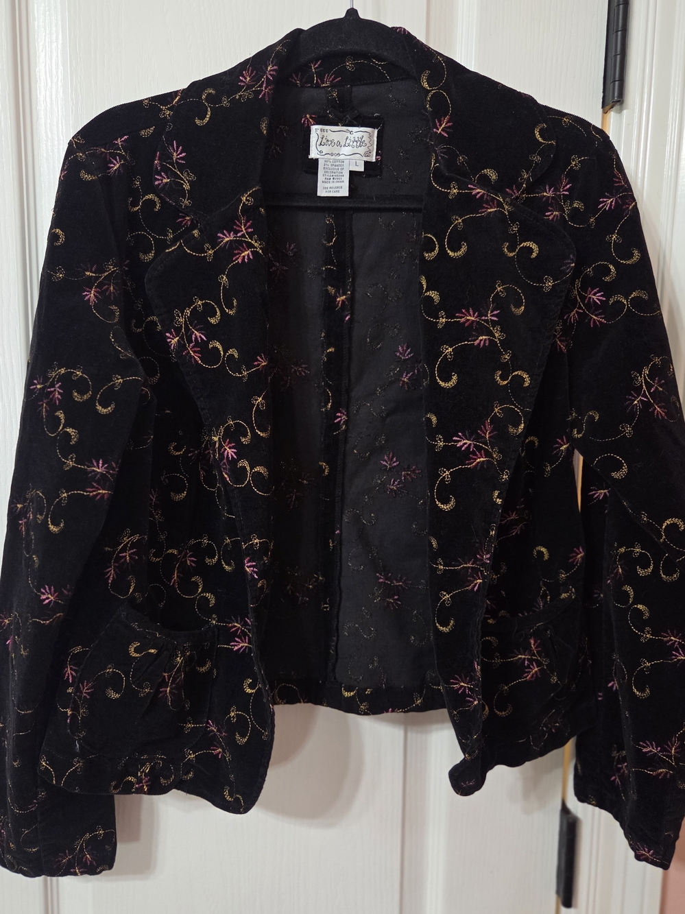 Live a Little Women’s L Black Velvet Embroidered Blazer with Gold & Pink Detail